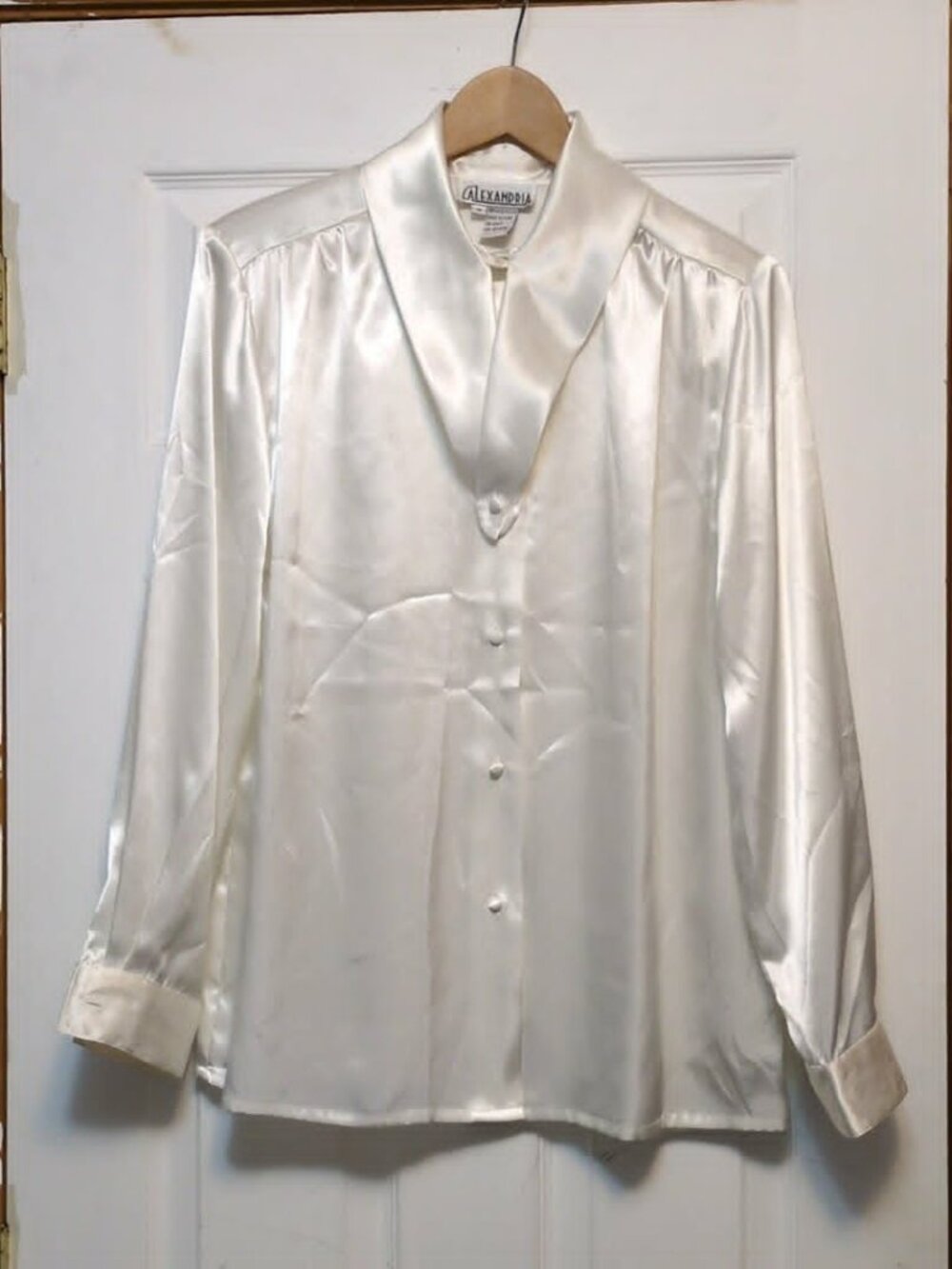 Vintage Alexandria White Satin Blouse Sz 10 Long Sleeve Button Down Shiny Dressy